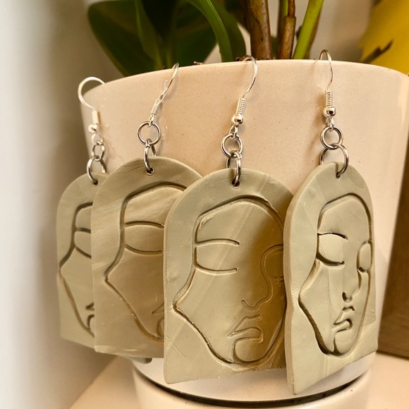 Handmade Clay Earrings | Face Outline Statue | Light Forest Green | Hook Backs - Picture 6 of 7